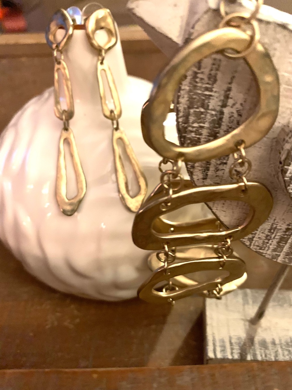 Gold Organic Link Drop Earrings and Matching Bracelet - Women Jewelry